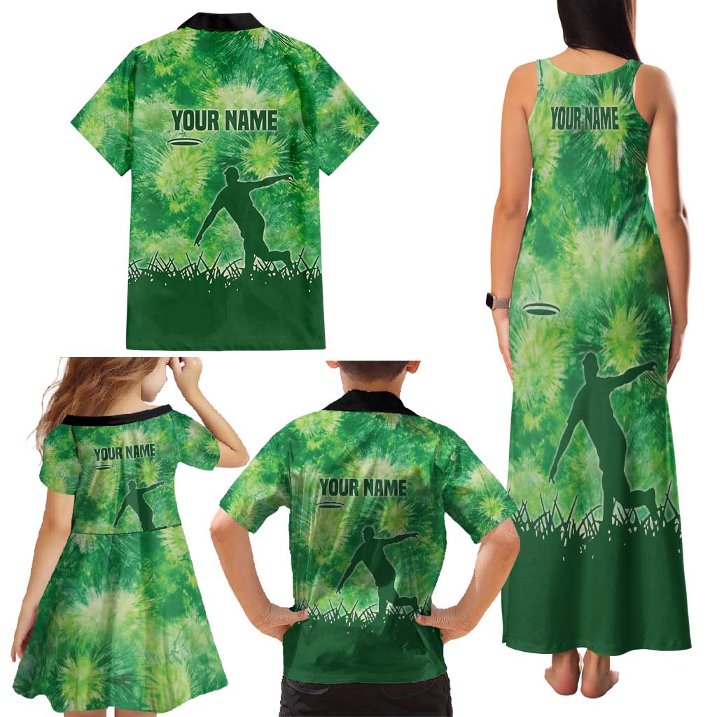 Custom Disc Golf Family Matching Tank Maxi Dress and Hawaiian Shirt with Green Tie Dye Basket and Player Silhouette - Wonder Print Shop
