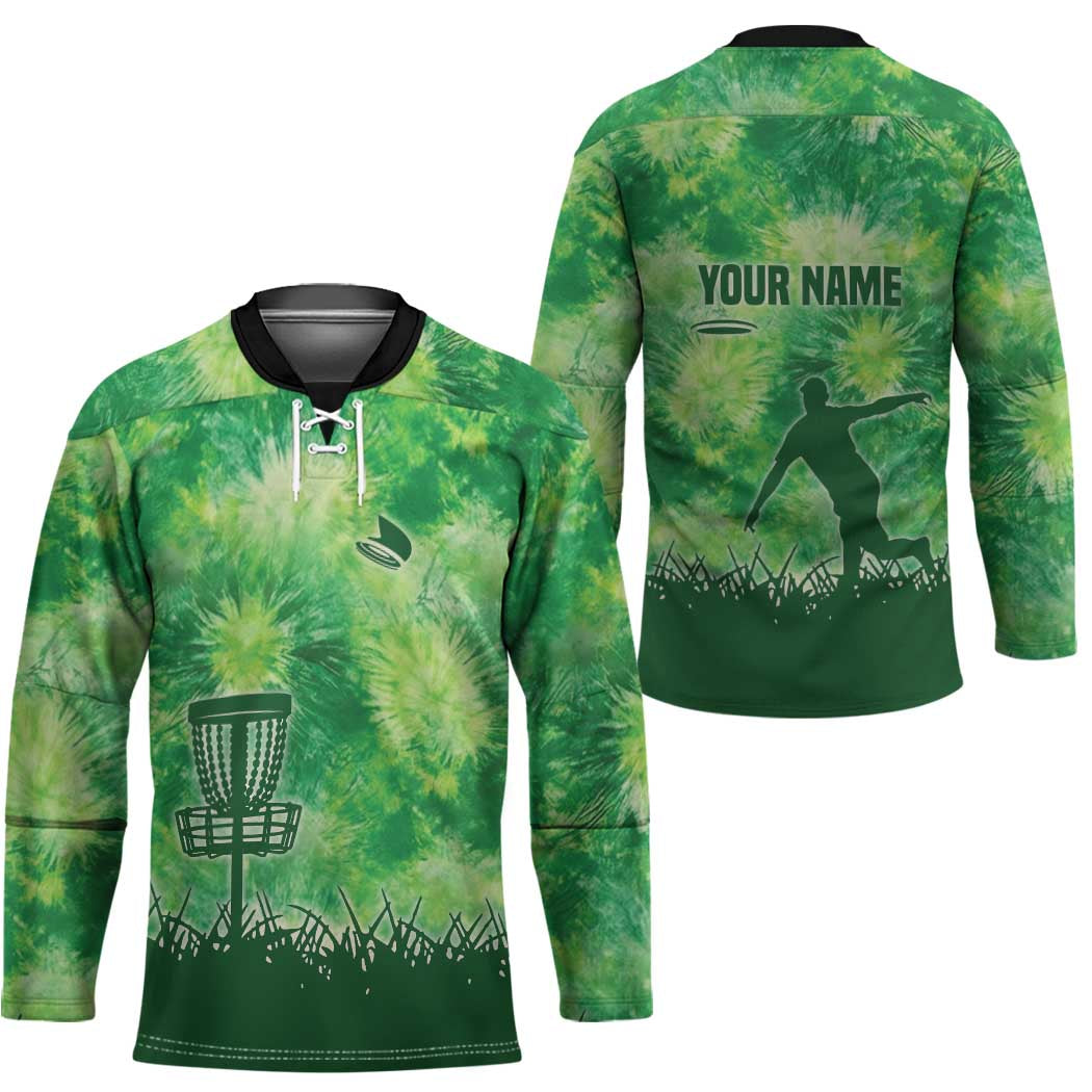 Custom Disc Golf Hockey Jersey with Green Tie Dye Basket and Player Silhouette - Wonder Print Shop