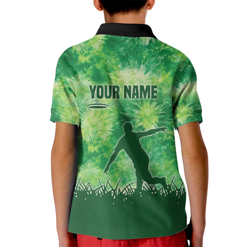 Custom Disc Golf Kid Polo Shirt with Green Tie Dye Basket and Player Silhouette - Wonder Print Shop