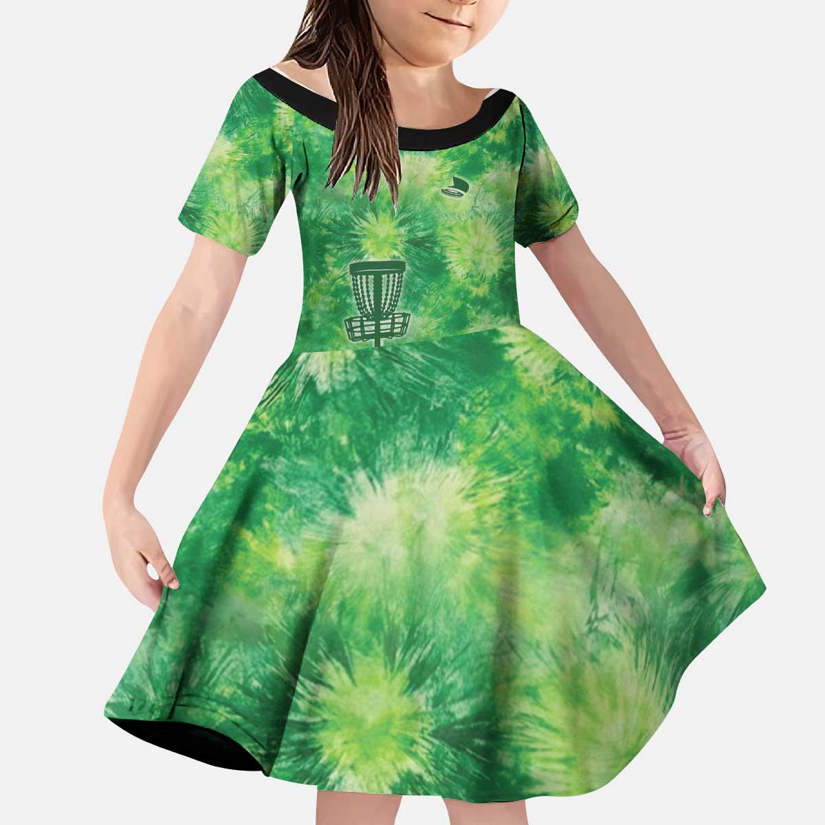 Custom Disc Golf Kid Short Sleeve Dress with Green Tie Dye Basket and Player Silhouette - Wonder Print Shop