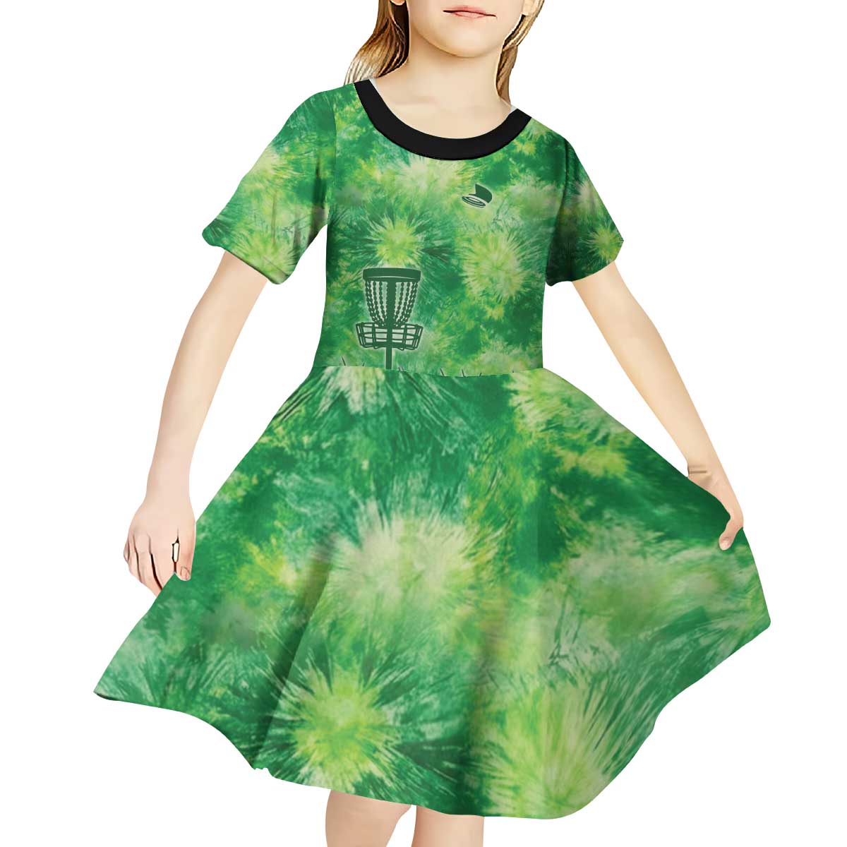 Custom Disc Golf Kid Short Sleeve Dress with Green Tie Dye Basket and Player Silhouette - Wonder Print Shop