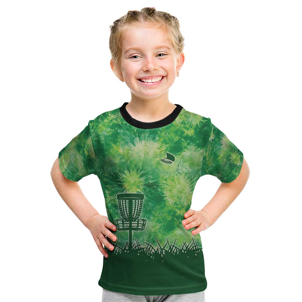 Custom Disc Golf Kid T Shirt with Green Tie Dye Basket and Player Silhouette - Wonder Print Shop