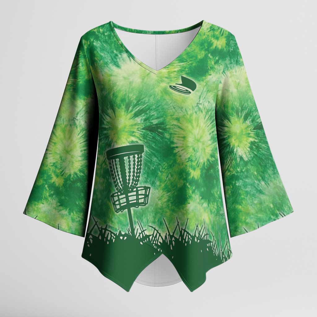 Custom Disc Golf Kimono Sleeve Blouse with Green Tie Dye Basket and Player Silhouette - Wonder Print Shop