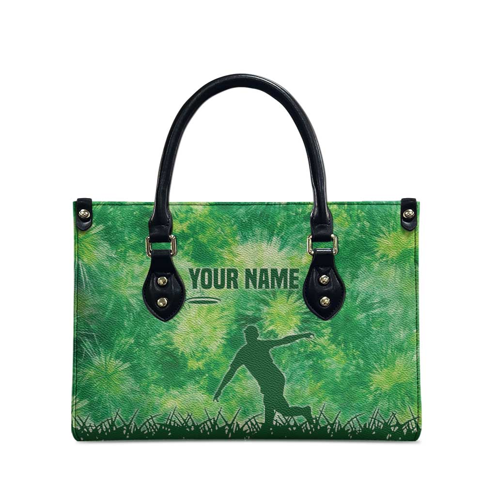 Custom Disc Golf Leather Bag with Green Tie Dye Basket and Player Silhouette - Wonder Print Shop