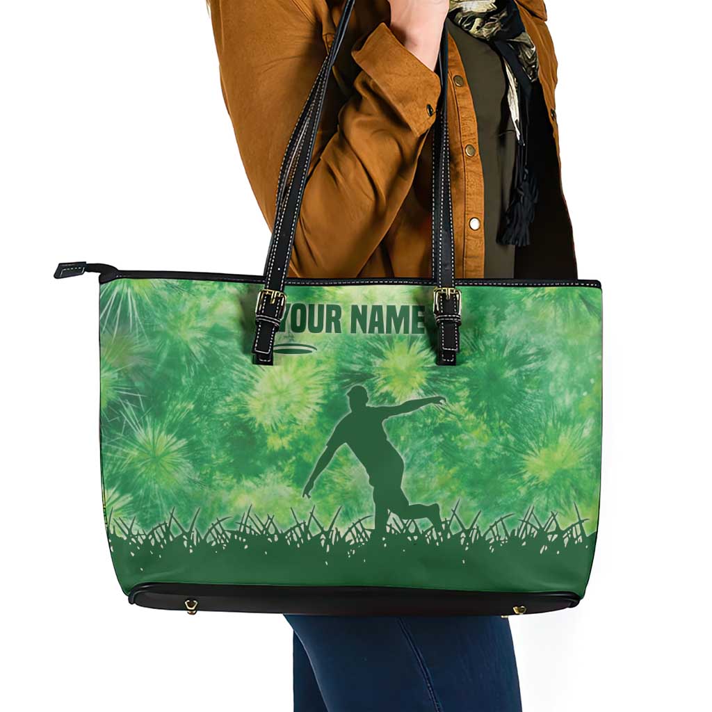 Custom Disc Golf Leather Tote Bag with Green Tie Dye Basket and Player Silhouette - Wonder Print Shop