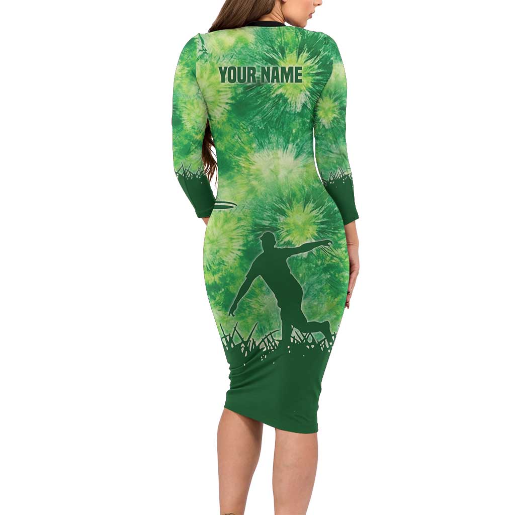 Custom Disc Golf Long Sleeve Bodycon Dress with Green Tie Dye Basket and Player Silhouette - Wonder Print Shop