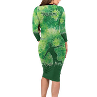 Custom Disc Golf Long Sleeve Bodycon Dress with Green Tie Dye Basket and Player Silhouette - Wonder Print Shop