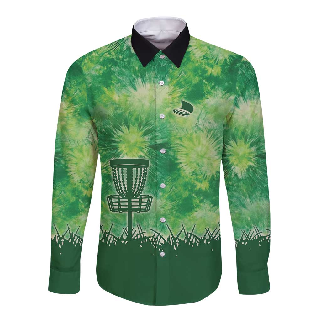 Custom Disc Golf Long Sleeve Button Shirt with Green Tie Dye Basket and Player Silhouette - Wonder Print Shop