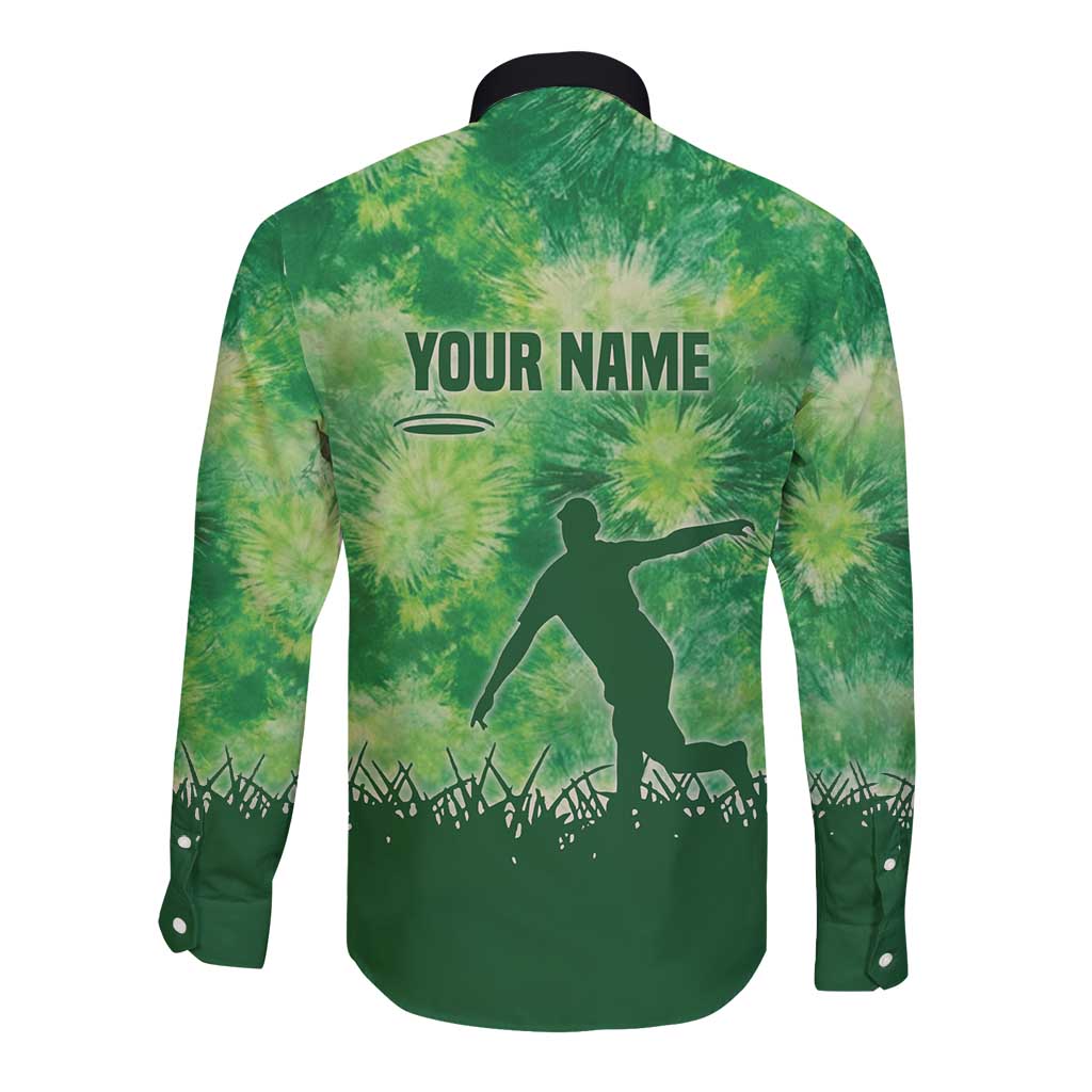Custom Disc Golf Long Sleeve Button Shirt with Green Tie Dye Basket and Player Silhouette - Wonder Print Shop