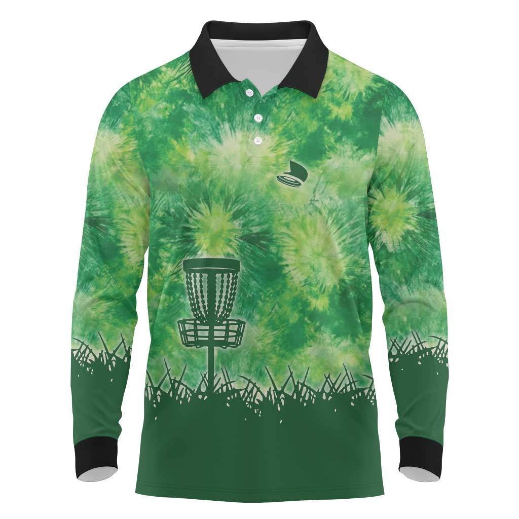 Custom Disc Golf Long Sleeve Polo Shirt with Green Tie Dye Basket and Player Silhouette - Wonder Print Shop