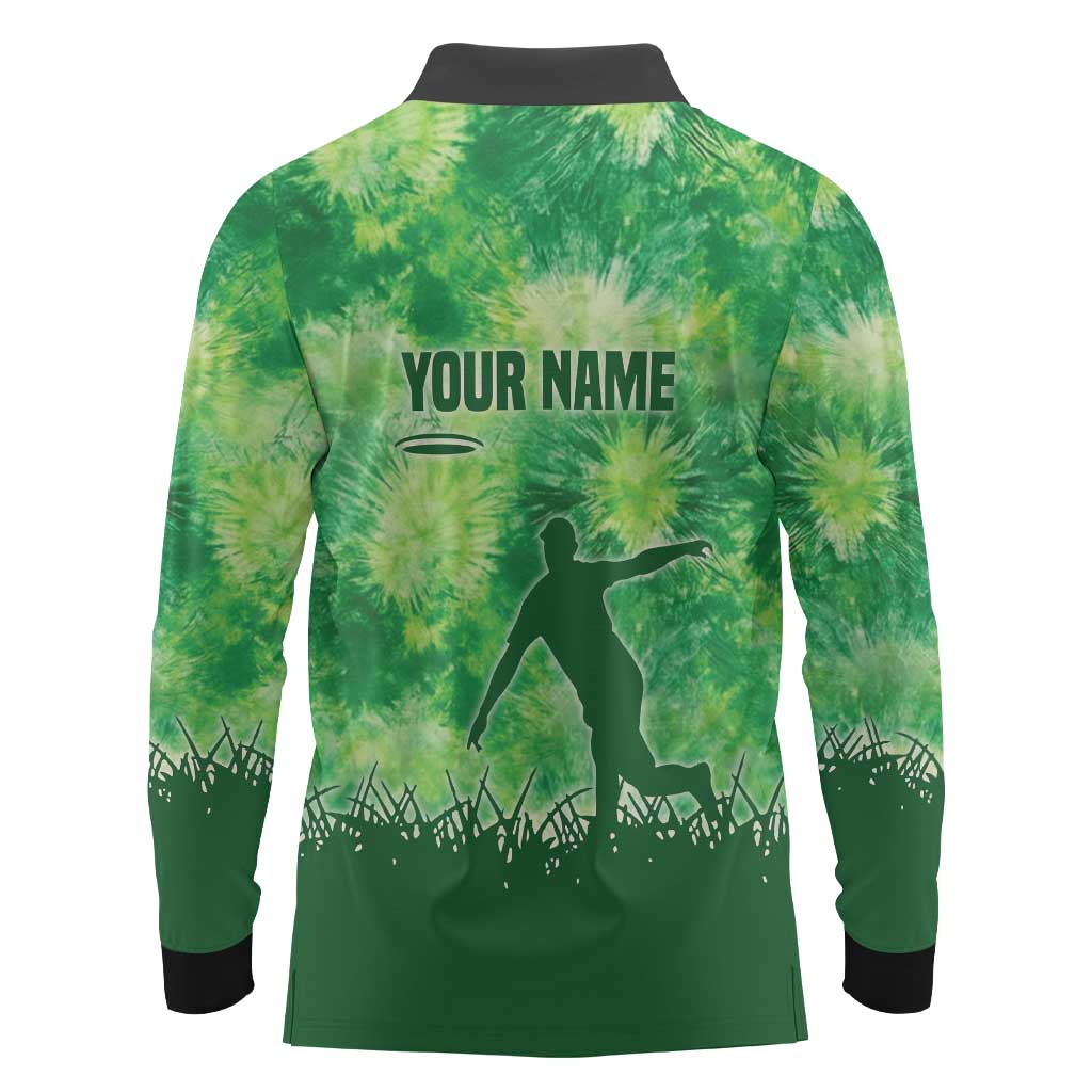 Custom Disc Golf Long Sleeve Polo Shirt with Green Tie Dye Basket and Player Silhouette - Wonder Print Shop