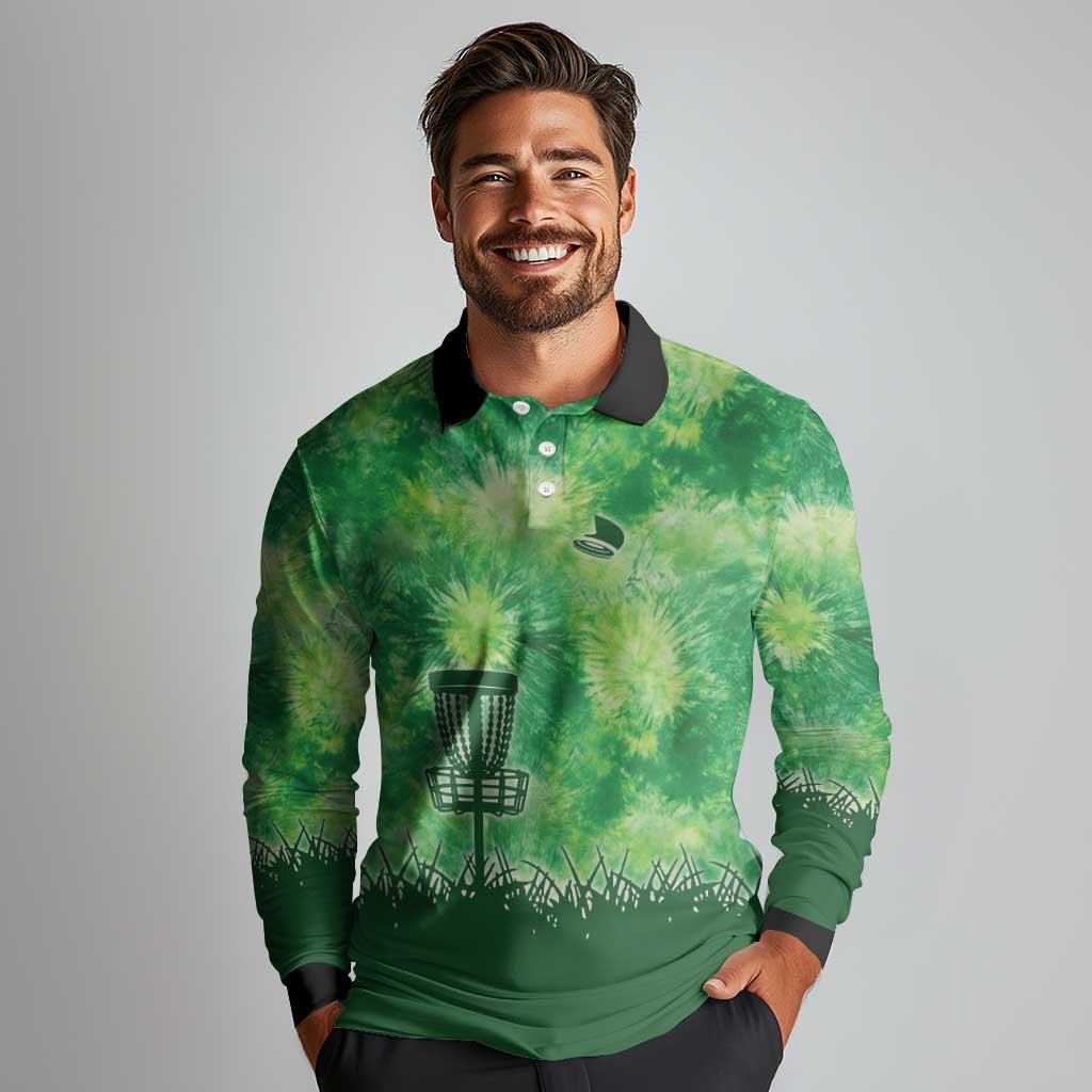 Custom Disc Golf Long Sleeve Polo Shirt with Green Tie Dye Basket and Player Silhouette - Wonder Print Shop