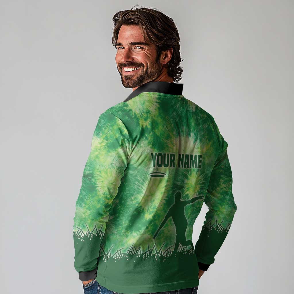 Custom Disc Golf Long Sleeve Polo Shirt with Green Tie Dye Basket and Player Silhouette - Wonder Print Shop