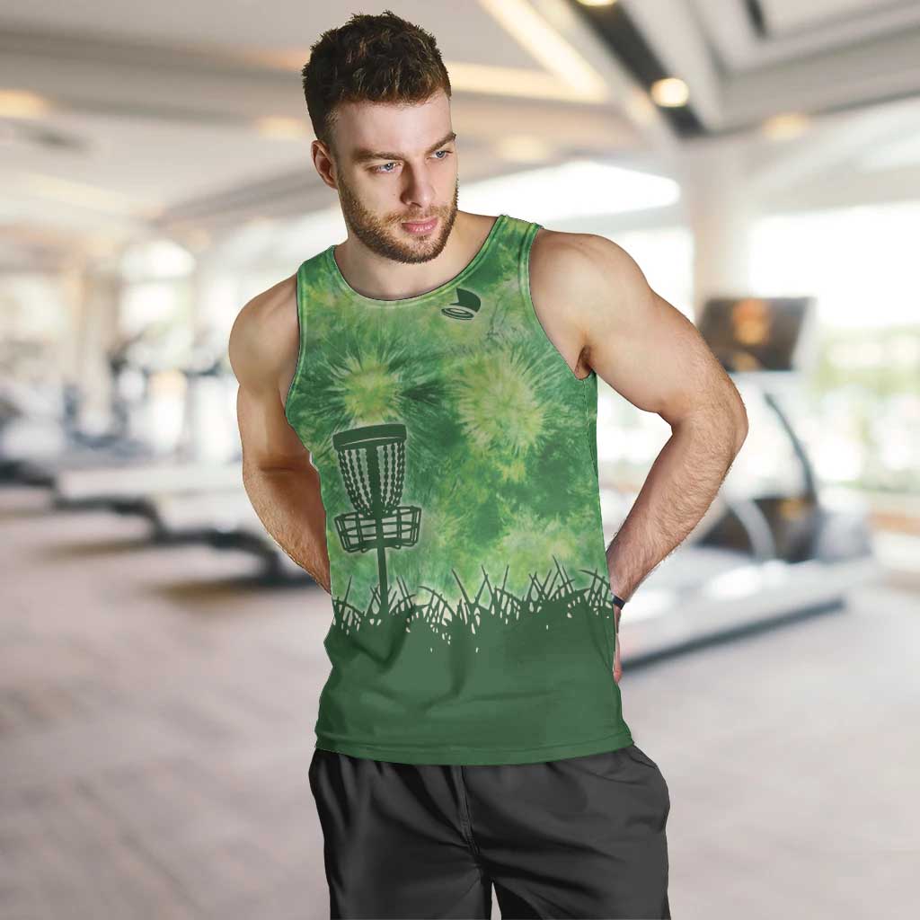 Custom Disc Golf Men Tank Top with Green Tie Dye Basket and Player Silhouette - Wonder Print Shop
