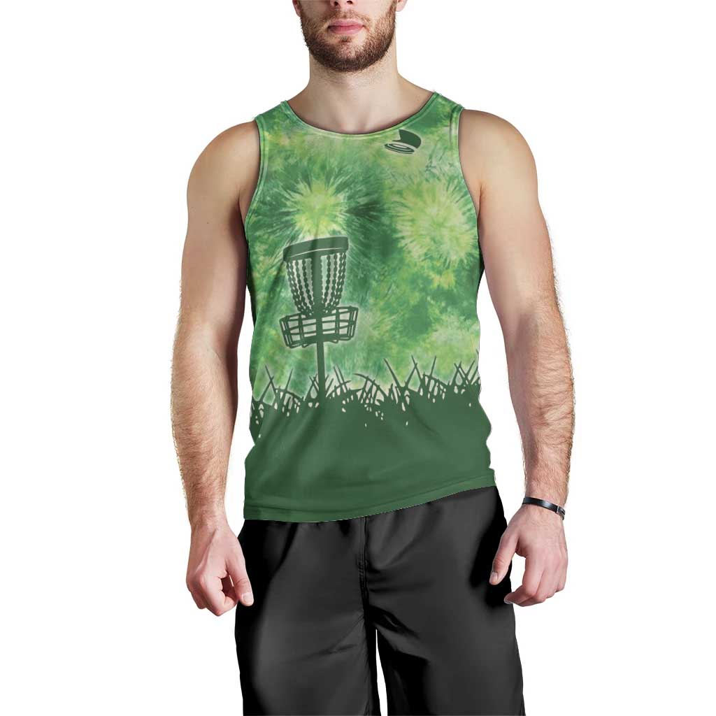 Custom Disc Golf Men Tank Top with Green Tie Dye Basket and Player Silhouette - Wonder Print Shop
