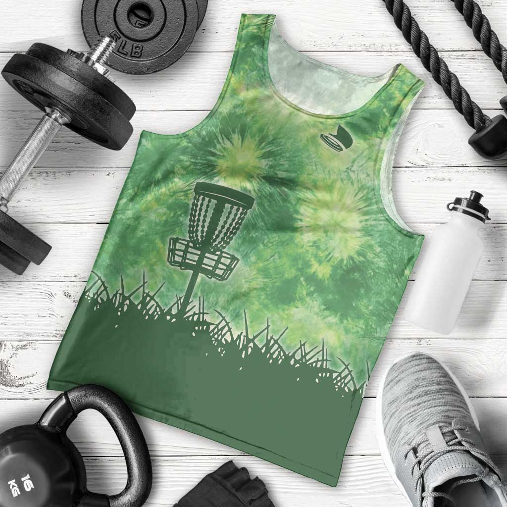 Custom Disc Golf Men Tank Top with Green Tie Dye Basket and Player Silhouette - Wonder Print Shop