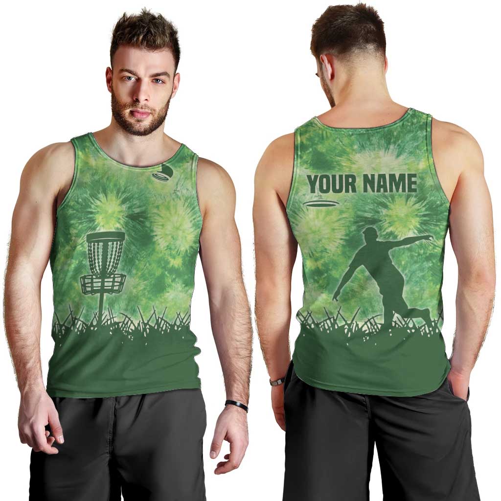 Custom Disc Golf Men Tank Top with Green Tie Dye Basket and Player Silhouette - Wonder Print Shop