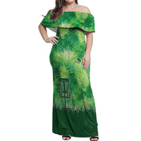 Custom Disc Golf Off Shoulder Maxi Dress with Green Tie Dye Basket and Player Silhouette - Wonder Print Shop