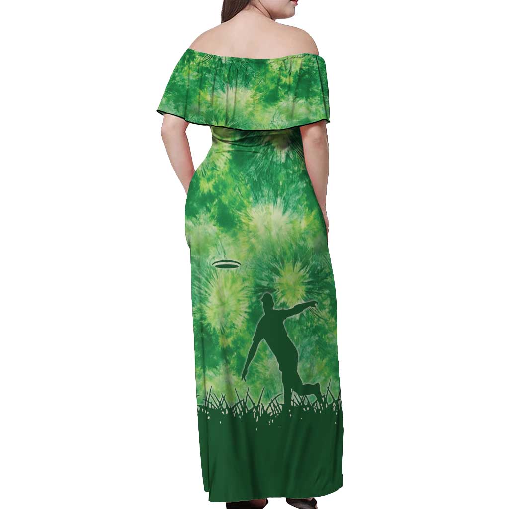 Custom Disc Golf Off Shoulder Maxi Dress with Green Tie Dye Basket and Player Silhouette - Wonder Print Shop