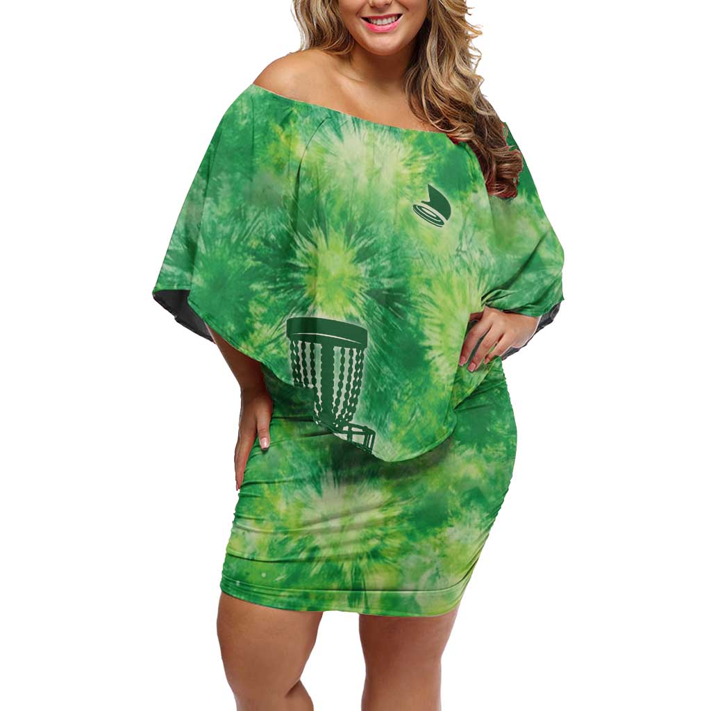 Custom Disc Golf Off Shoulder Short Dress with Green Tie Dye Basket and Player Silhouette - Wonder Print Shop