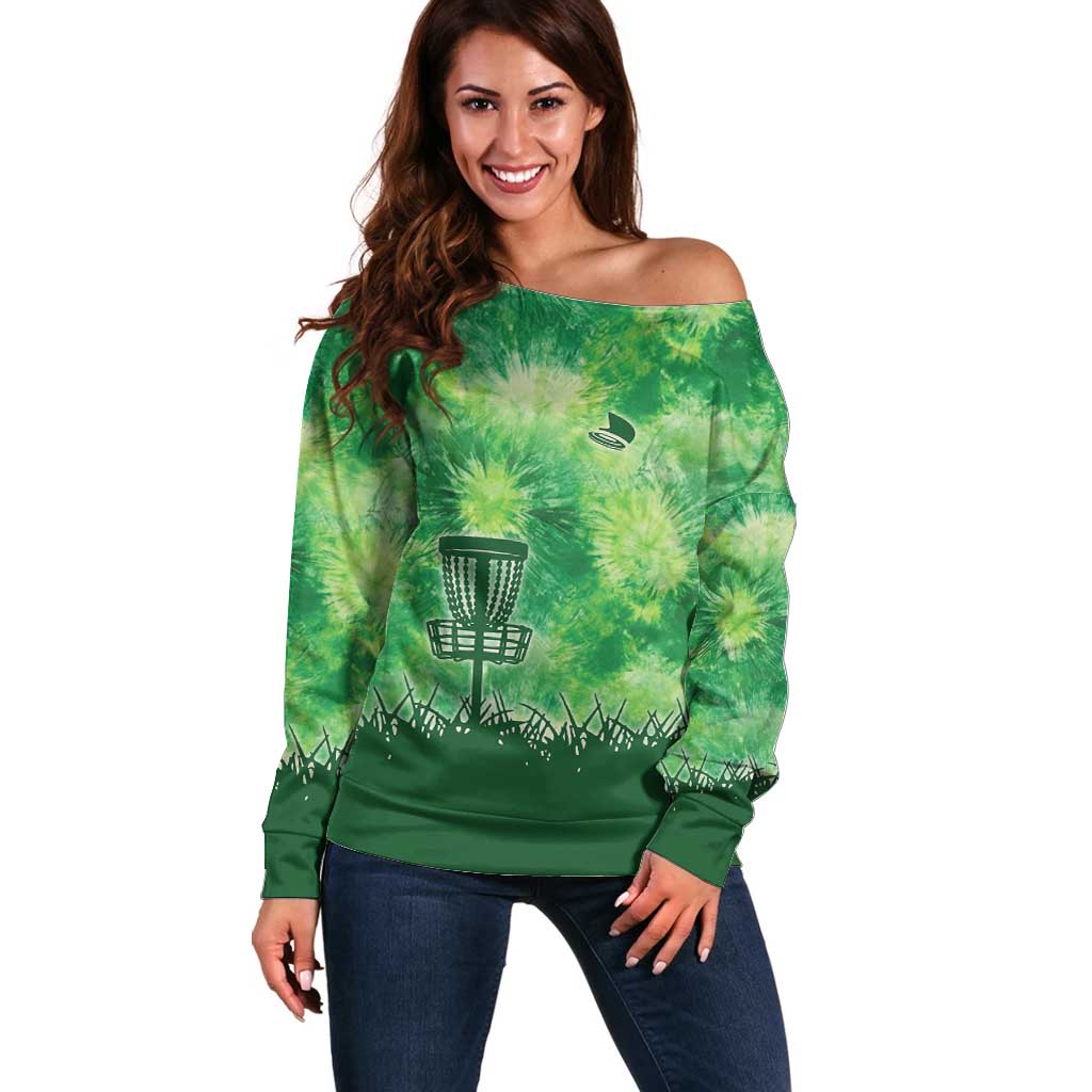 Custom Disc Golf Off Shoulder Sweater with Green Tie Dye Basket and Player Silhouette - Wonder Print Shop