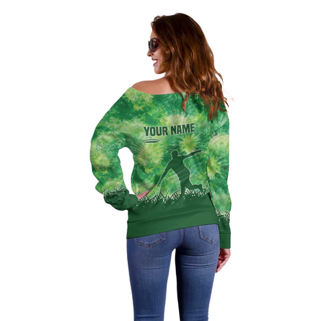 Custom Disc Golf Off Shoulder Sweater with Green Tie Dye Basket and Player Silhouette - Wonder Print Shop