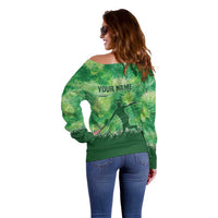 Custom Disc Golf Off Shoulder Sweater with Green Tie Dye Basket and Player Silhouette - Wonder Print Shop