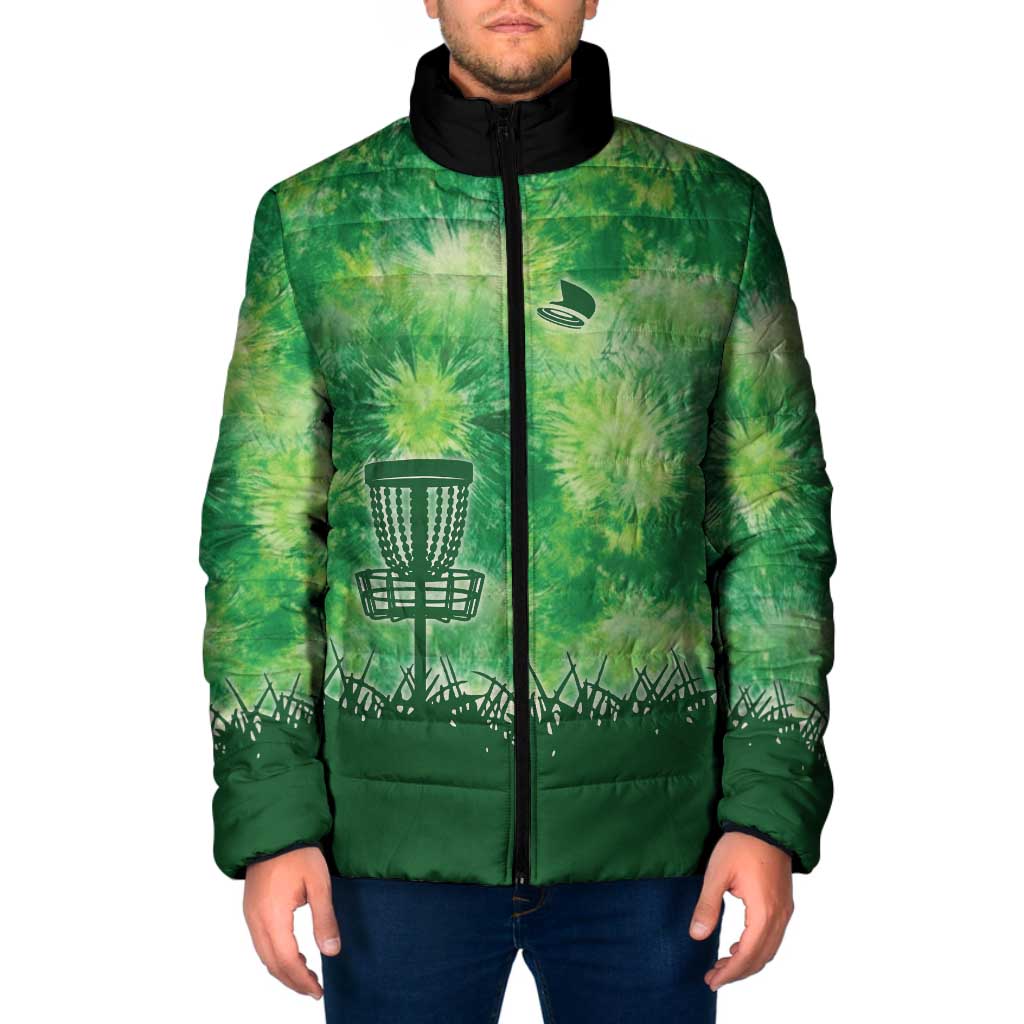 Custom Disc Golf Padded Jacket with Green Tie Dye Basket and Player Silhouette - Wonder Print Shop