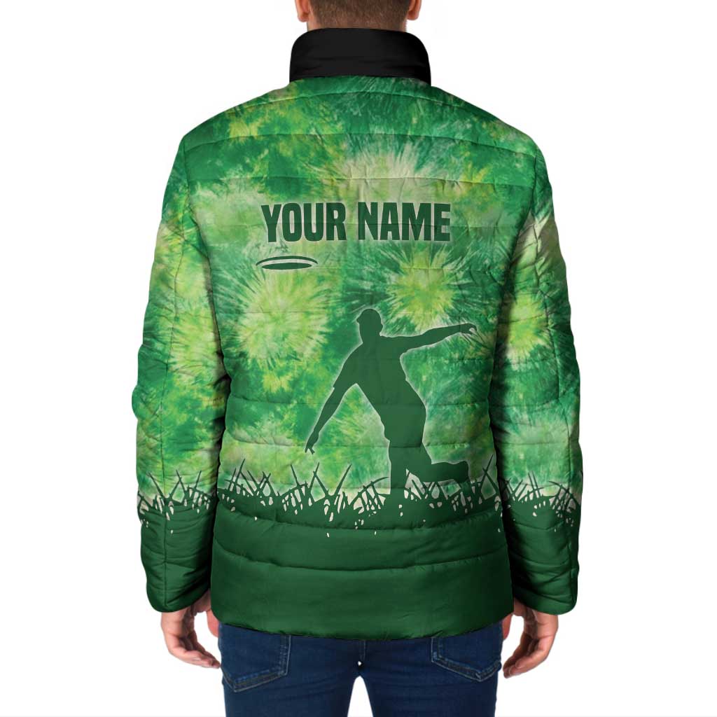 Custom Disc Golf Padded Jacket with Green Tie Dye Basket and Player Silhouette - Wonder Print Shop