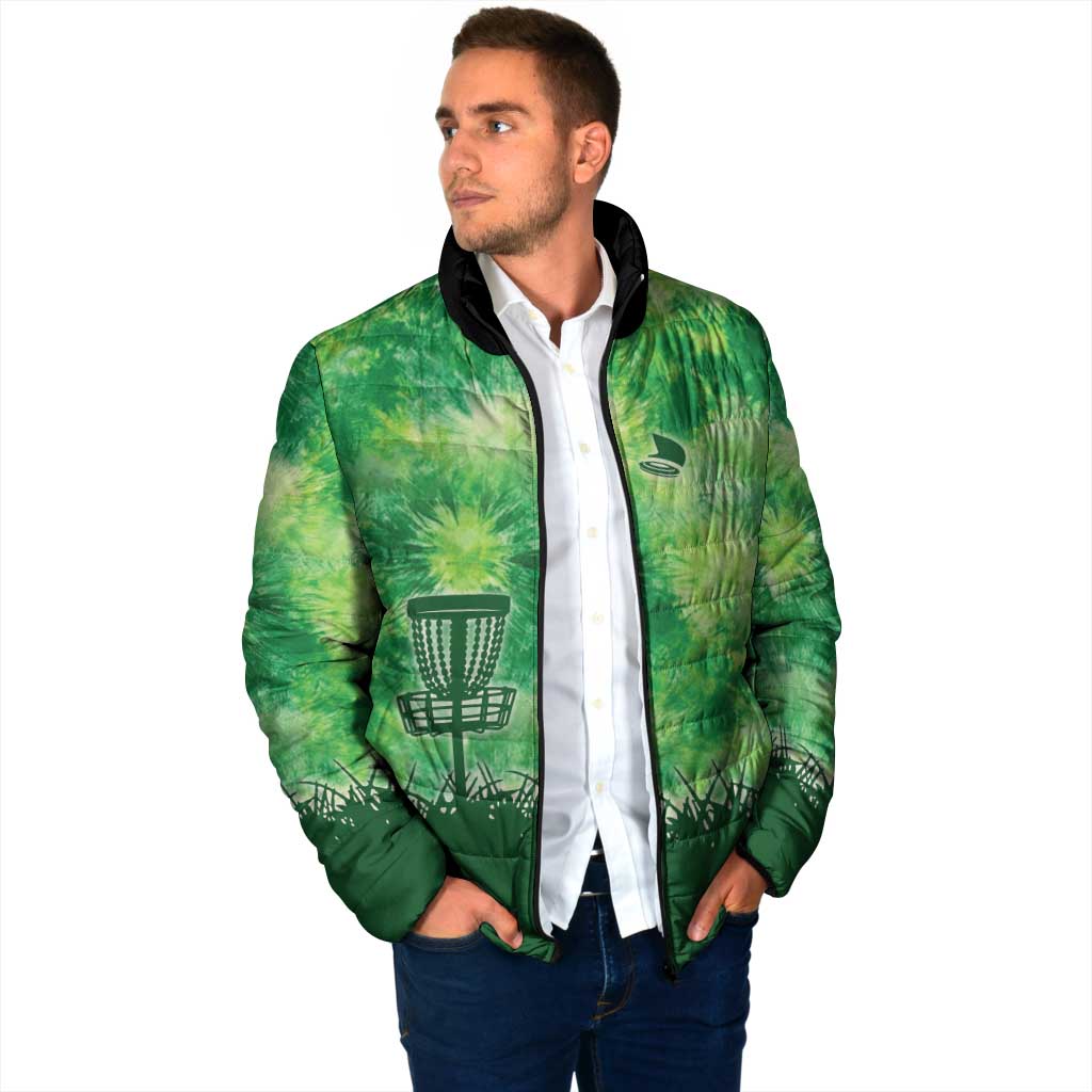 Custom Disc Golf Padded Jacket with Green Tie Dye Basket and Player Silhouette - Wonder Print Shop