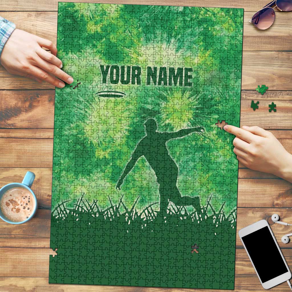 Custom Disc Golf Puzzle with Green Tie Dye Basket and Player Silhouette - Wonder Print Shop