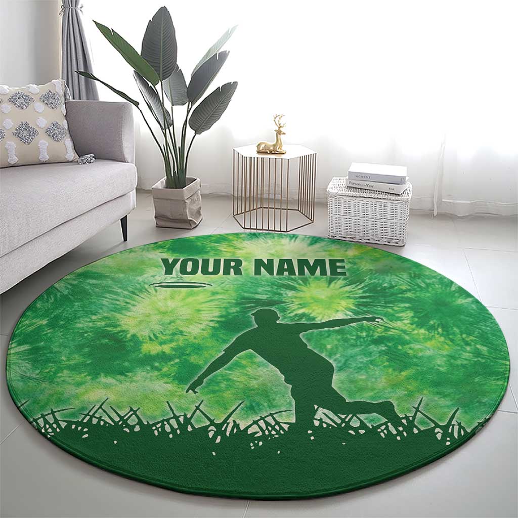 Custom Disc Golf Round Carpet with Green Tie Dye Basket and Player Silhouette - Wonder Print Shop