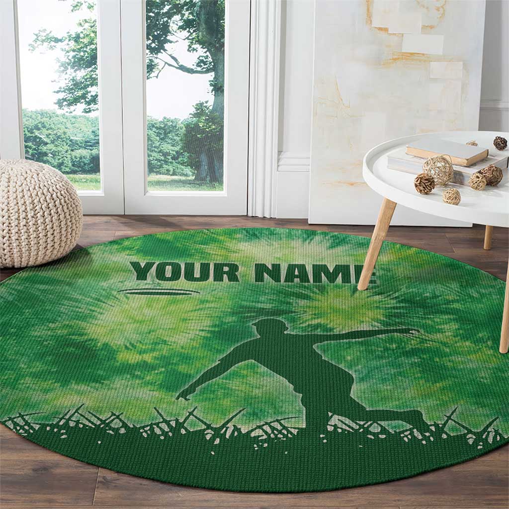 Custom Disc Golf Round Carpet with Green Tie Dye Basket and Player Silhouette - Wonder Print Shop