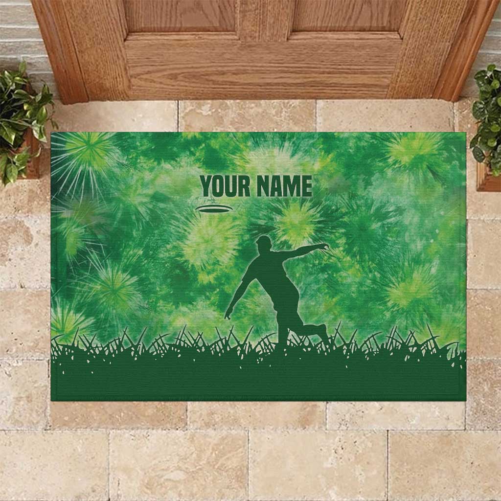 Custom Disc Golf Rubber Doormat with Green Tie Dye Basket and Player Silhouette - Wonder Print Shop
