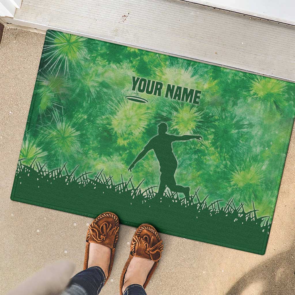 Custom Disc Golf Rubber Doormat with Green Tie Dye Basket and Player Silhouette - Wonder Print Shop