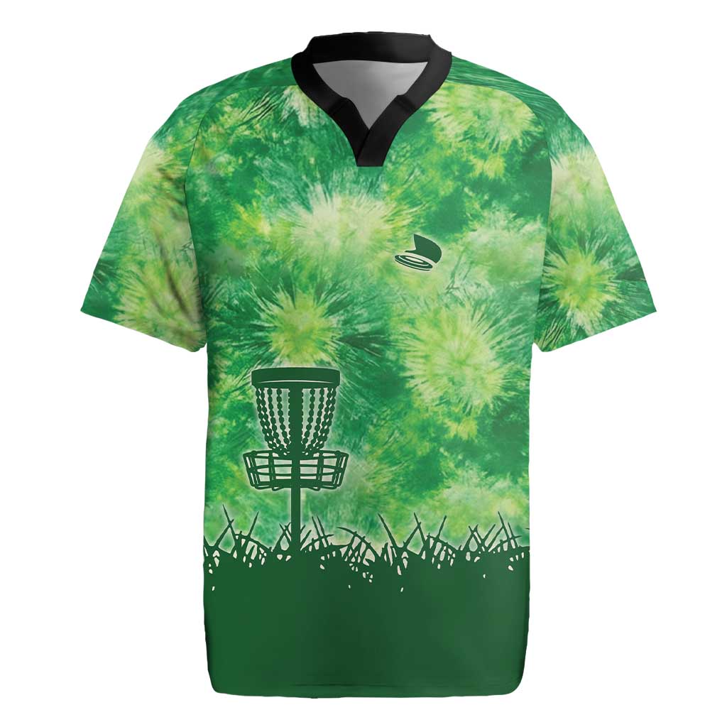 Custom Disc Golf Rugby Jersey with Green Tie Dye Basket and Player Silhouette - Wonder Print Shop