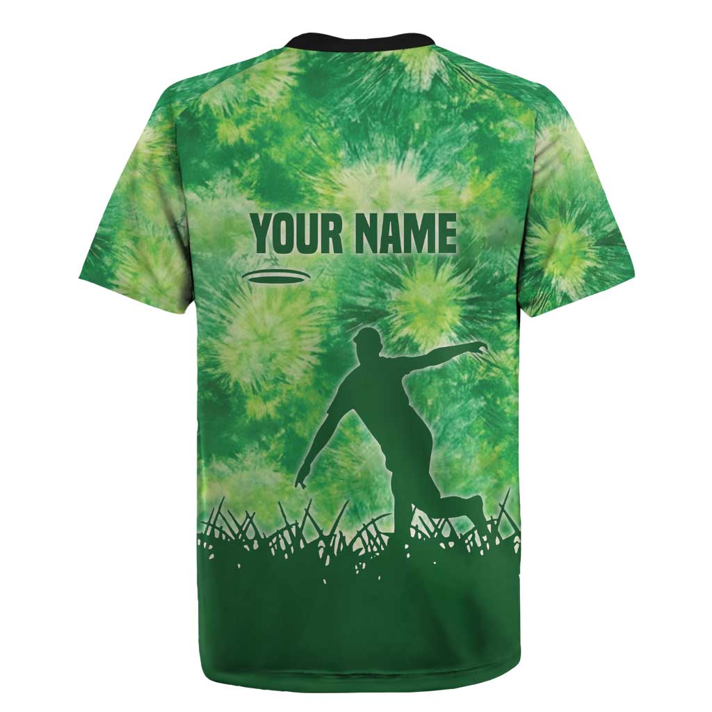 Custom Disc Golf Rugby Jersey with Green Tie Dye Basket and Player Silhouette - Wonder Print Shop