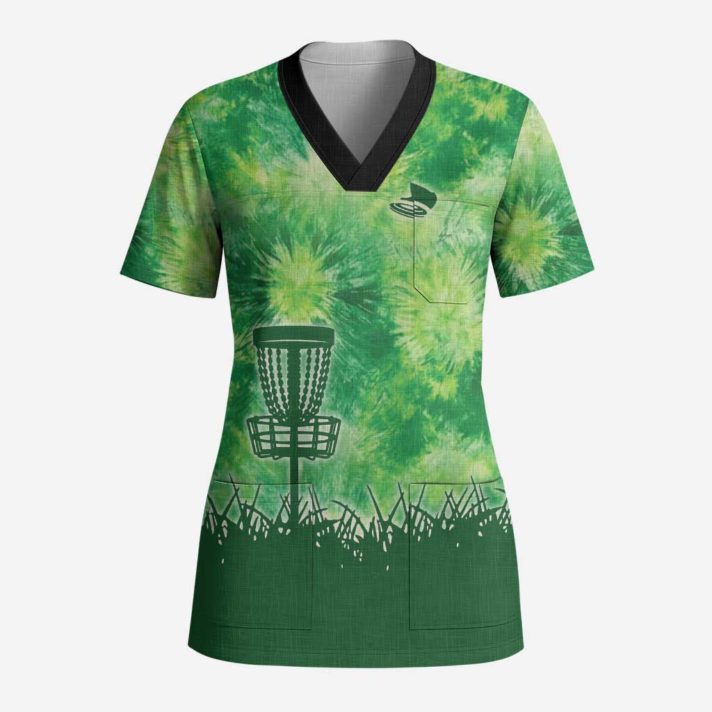 Custom Disc Golf Scrub Top with Green Tie Dye Basket and Player Silhouette - Wonder Print Shop