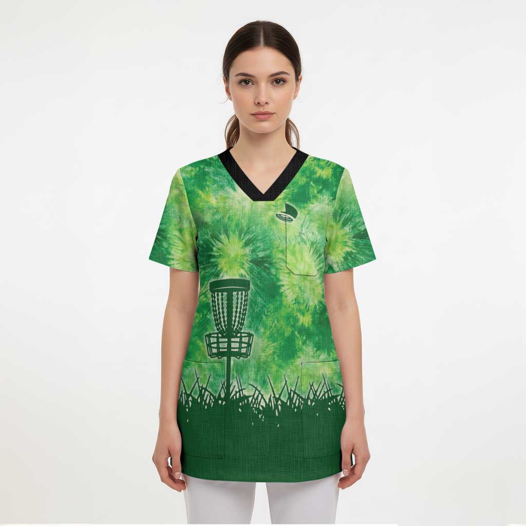 Custom Disc Golf Scrub Top with Green Tie Dye Basket and Player Silhouette - Wonder Print Shop