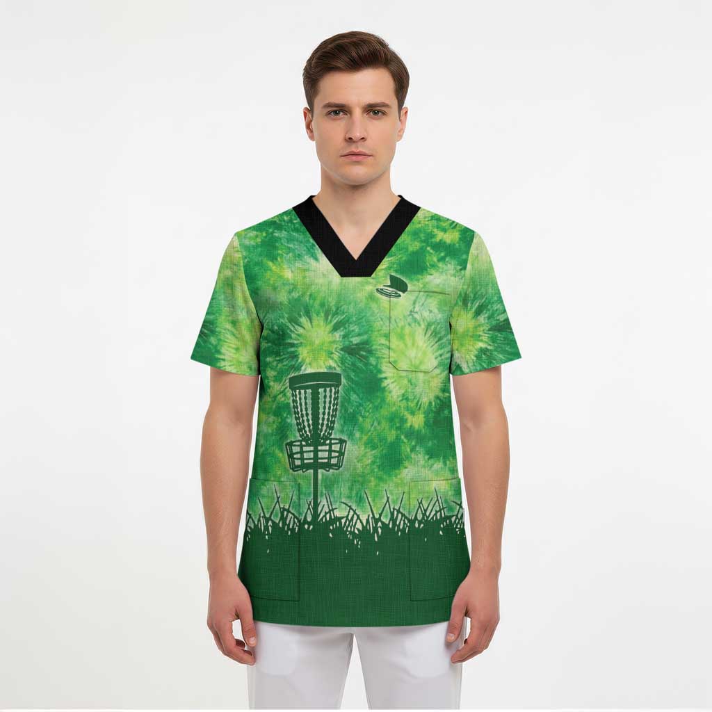 Custom Disc Golf Scrub Top with Green Tie Dye Basket and Player Silhouette - Wonder Print Shop