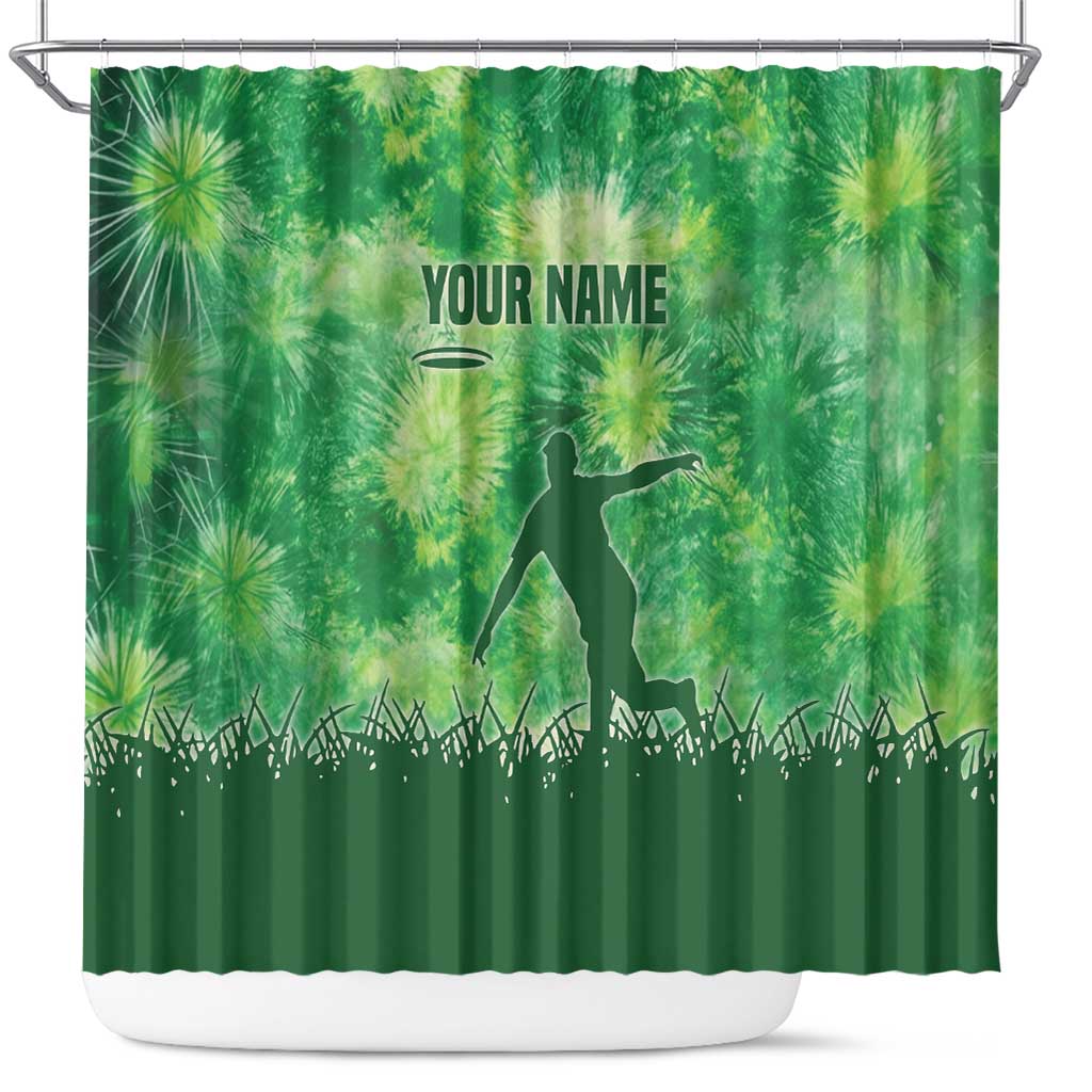 Custom Disc Golf Shower Curtain with Green Tie Dye Basket and Player Silhouette - Wonder Print Shop