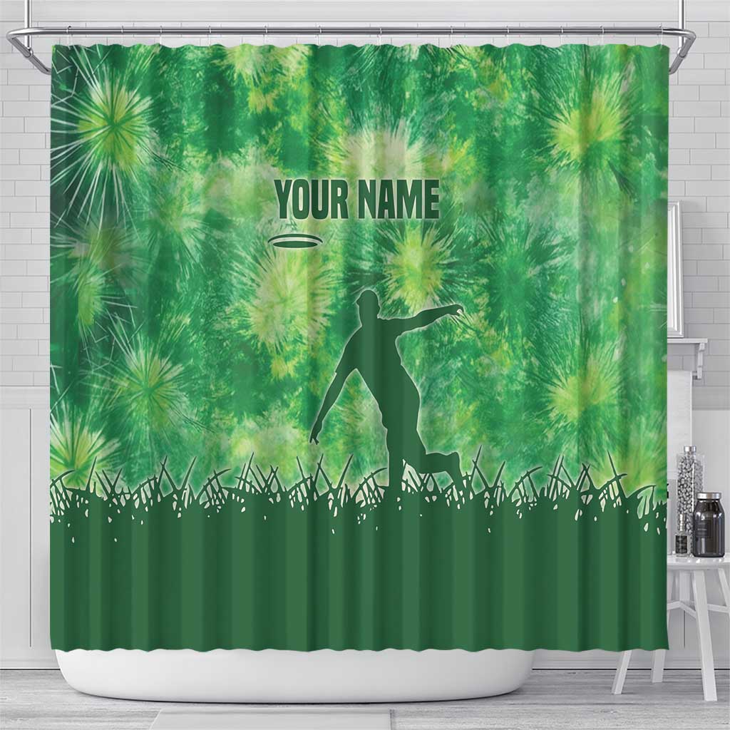 Custom Disc Golf Shower Curtain with Green Tie Dye Basket and Player Silhouette - Wonder Print Shop