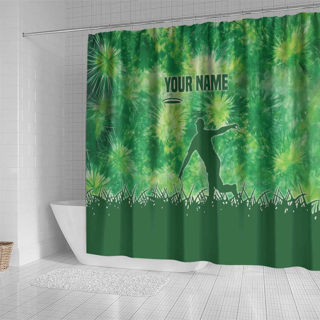 Custom Disc Golf Shower Curtain with Green Tie Dye Basket and Player Silhouette - Wonder Print Shop