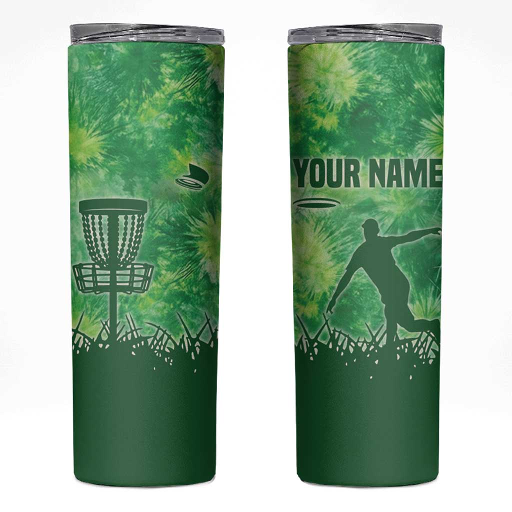 Custom Disc Golf Skinny Tumbler with Green Tie Dye Basket and Player Silhouette - Wonder Print Shop