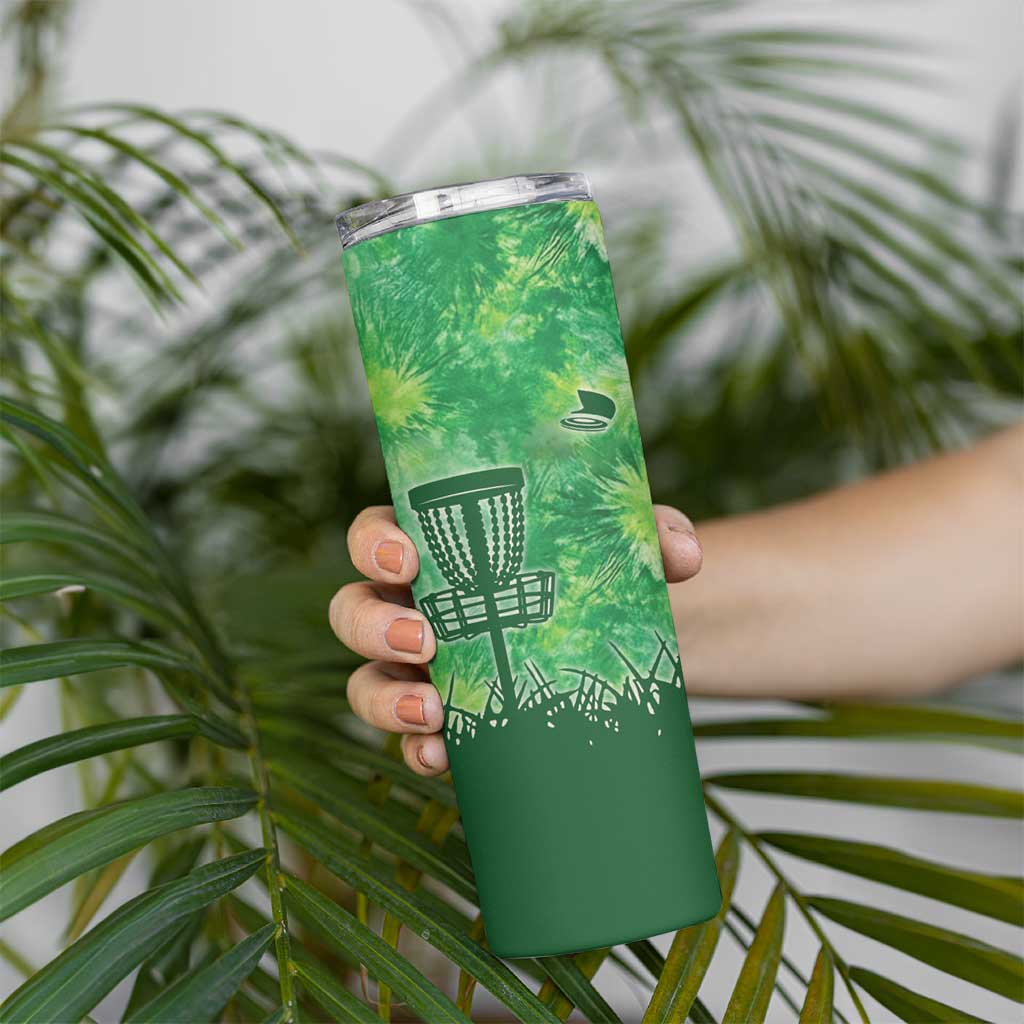 Custom Disc Golf Skinny Tumbler with Green Tie Dye Basket and Player Silhouette - Wonder Print Shop