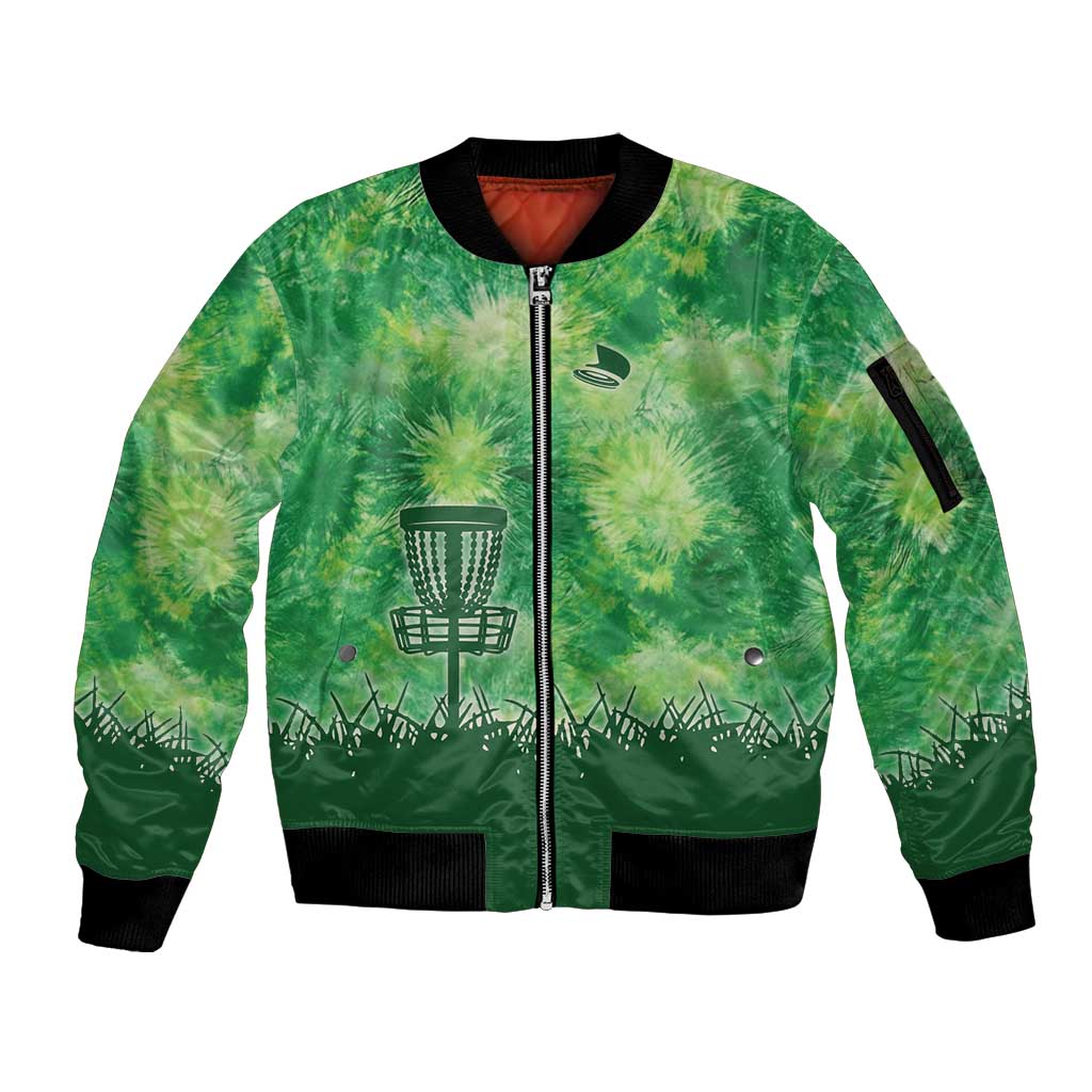 Custom Disc Golf Sleeve Zip Bomber Jacket with Green Tie Dye Basket and Player Silhouette - Wonder Print Shop