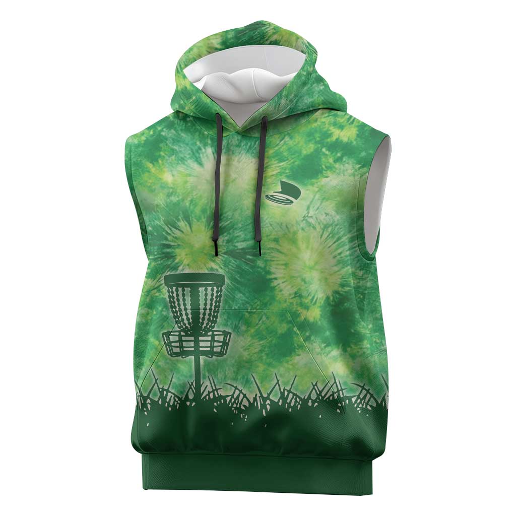 Custom Disc Golf Sleeveless Hoodie with Green Tie Dye Basket and Player Silhouette - Wonder Print Shop
