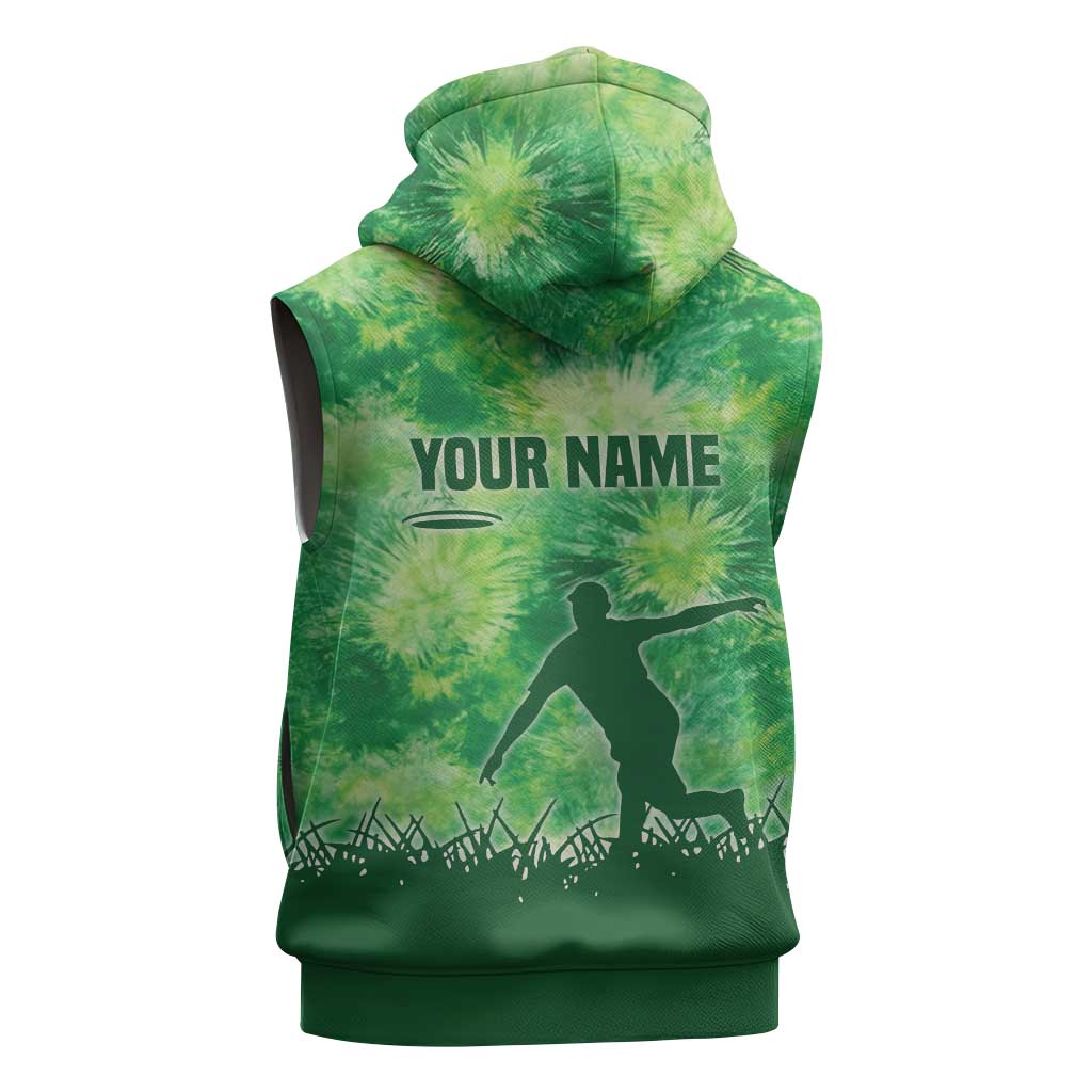 Custom Disc Golf Sleeveless Hoodie with Green Tie Dye Basket and Player Silhouette - Wonder Print Shop