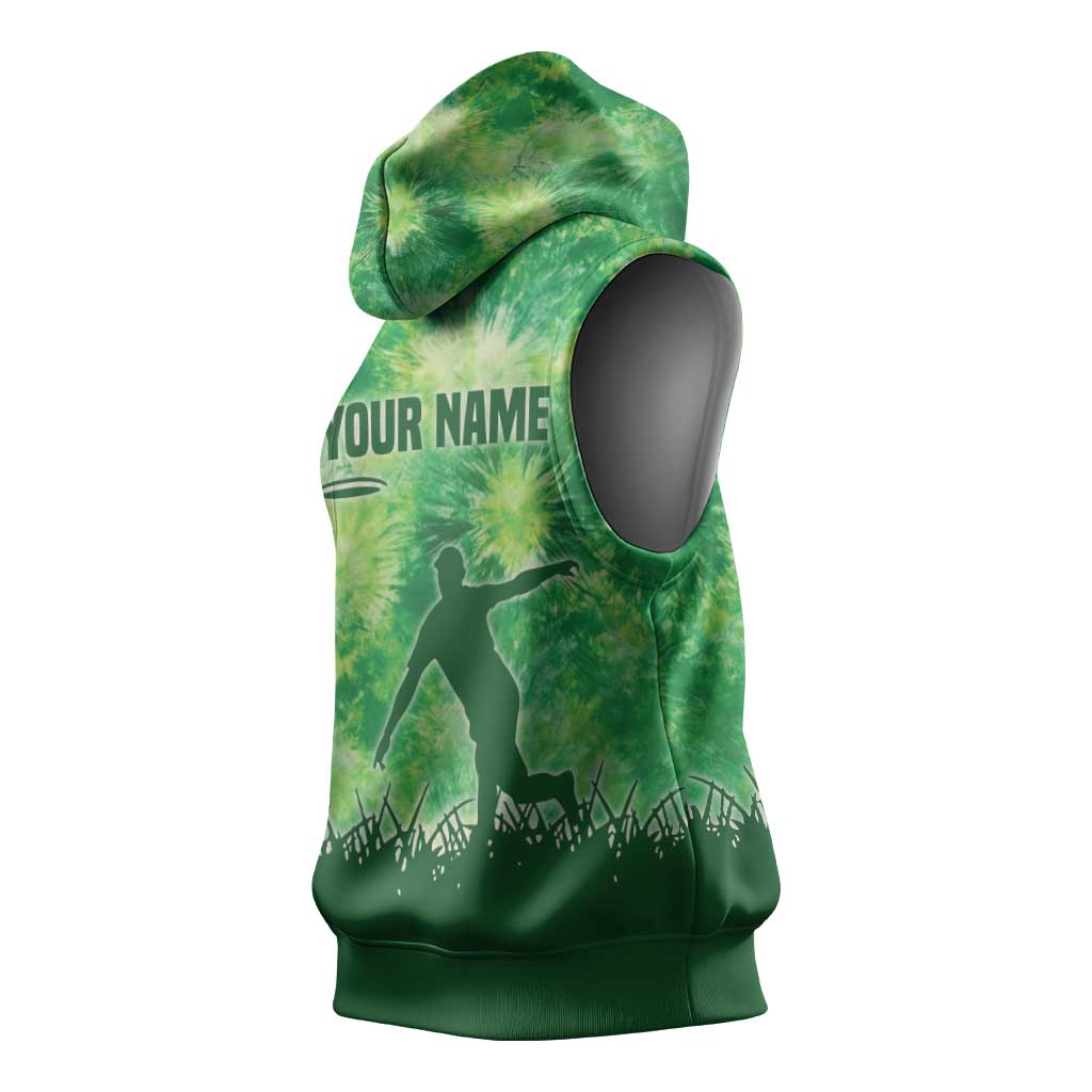 Custom Disc Golf Sleeveless Hoodie with Green Tie Dye Basket and Player Silhouette - Wonder Print Shop