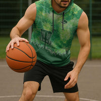 Custom Disc Golf Sleeveless Hoodie with Green Tie Dye Basket and Player Silhouette - Wonder Print Shop